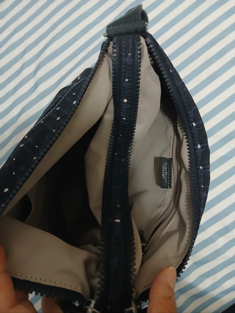 Kipling Dark Gray Crossbody Bag with White Polka Dots. Medium Sized.